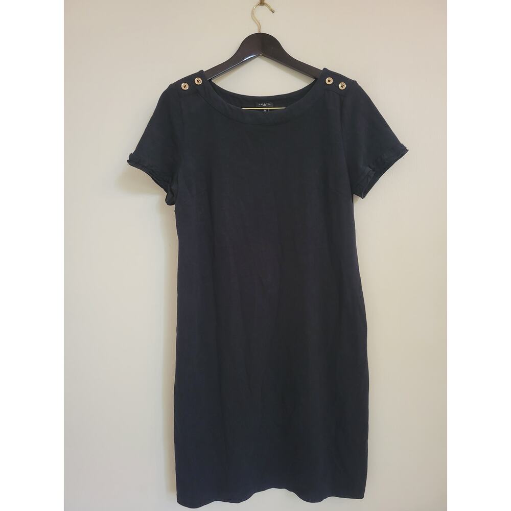 Talbots 100% Cotton Short Sleeve Black Dress With Gold Button Details MP